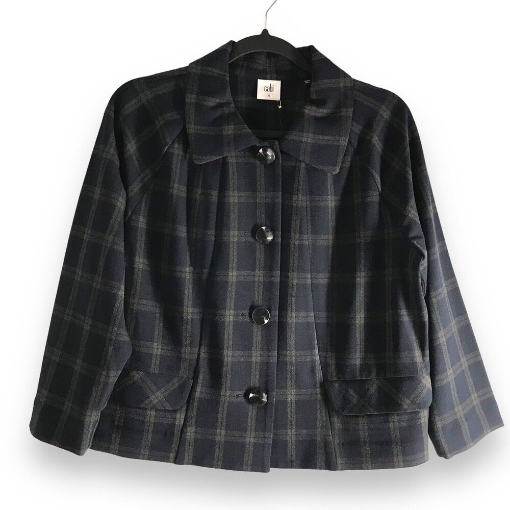 CAbi 3551 Size Medium Blue‎ Plaid 3/4 Sleeve Jacket Button Front Blazer Academia